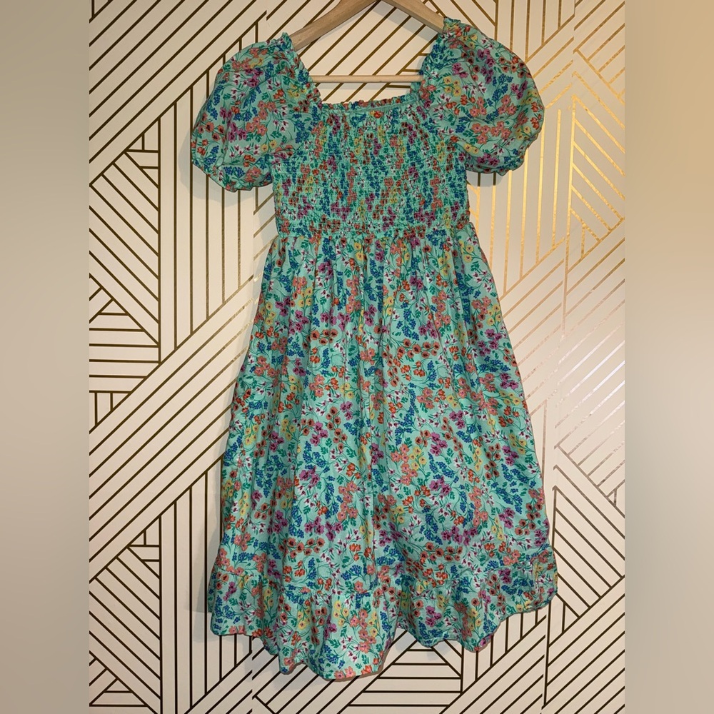 J. Crew Kids Turquoise Floral Puff-Sleeve Dress